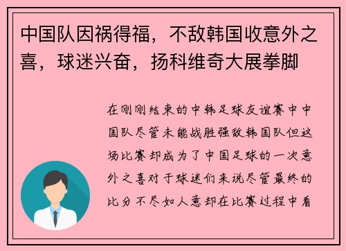 中国队因祸得福，不敌韩国收意外之喜，球迷兴奋，扬科维奇大展拳脚